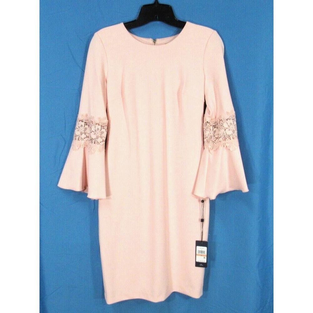 NWT TOMMY HILFIGER Pink STRETCH POLY CREPE Lace Bell Sleeves SHEATH DRESS Sz 2